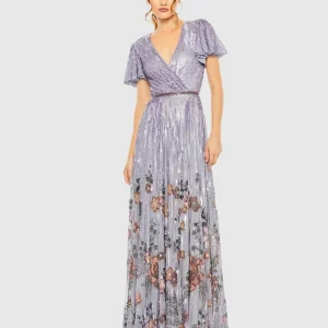 Purple Flounce Sleeve V Neck Gown