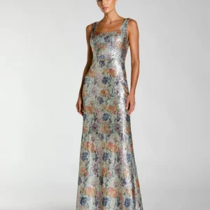 Silver Floral Sequin Sleeveless Square Neck Fitted Gown