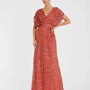 Red Sequin Draped Sleeve V-Neck Gown
