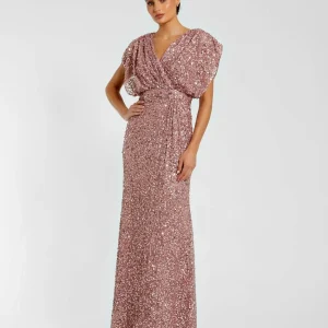 Purple Sequin Draped Sleeve V-Neck Gown