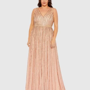 Pink Sequined Striped Sleeveless V Neck A Line Gown (Plus)