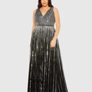 Black and Silver Sequined Striped Sleeveless V Neck A Line Gown (Plus)
