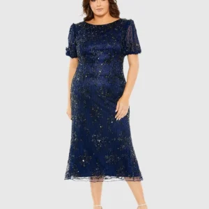 Navy High Neck Puff Sleeve Embellished Dress