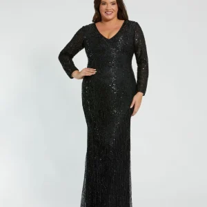 Black Long Sleeve V-Neck Beaded Fringe Gown