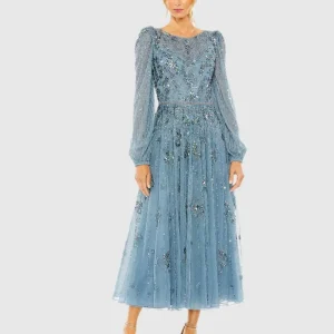 Floral Embellished High Neck Puff Long Sleeve A Line Midi Dress