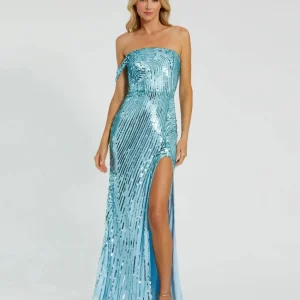 Blue One Shoulder Mesh Sequin Gown With Slit