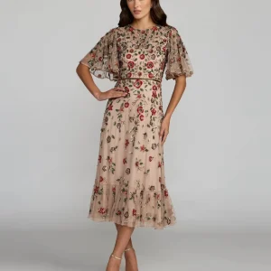 Beige Floral Embellished Flutter Sleeve Midi Dress