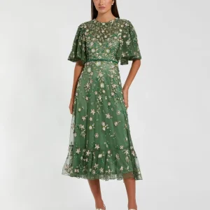 Floral Embellished Flutter Sleeve Midi Dress