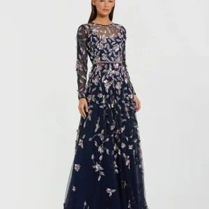 Navy Long Sleeve Floral Embellished Evening Gown