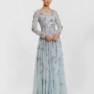 Light Blue Long Sleeve Floral Embellished Evening Gown