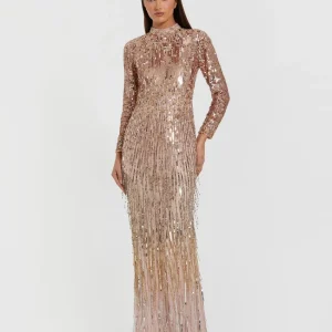 Pink Long Sleeve Fringe Embellished Column Gown