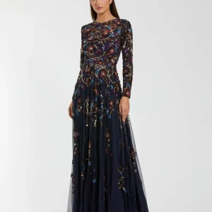 Navy Beaded Long Sleeve High Neck A-Line Gown