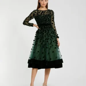 Green Velvet Embellished Illusion Long Sleeve A-Line Midi Dress