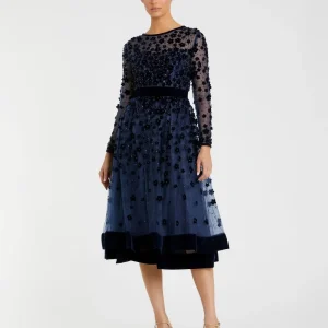 Navy Velvet Embellished Illusion Long Sleeve A-Line Midi Dress