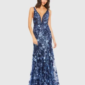 Dark Blue Floral Embellished Sleeveless Plunge Neck Gown