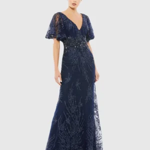 Navy Embellished Flutter Sleeve Evening Gown