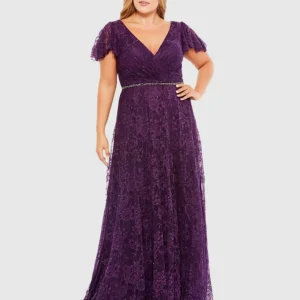 Purple Embellished Flutter Sleeve Evening Gown (Plus)