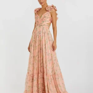 Pink Ruffle Tiered Floral Cut-Out Chiffon Gown