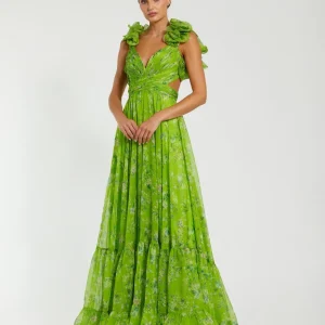 Green Ruffle Tiered Floral Cut-Out Chiffon Gown