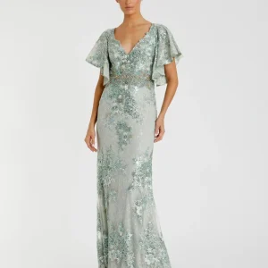 Bell Sleeve Floral Embellished Gown