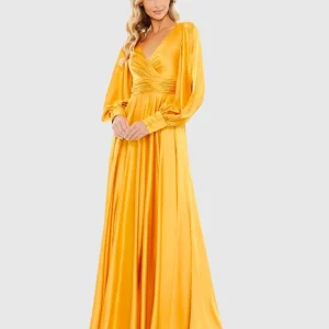 Flowy Split Bishop Sleeve Faux Wrap Gown