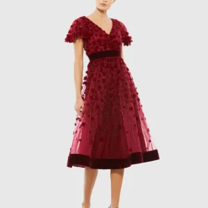 Red Embellished Butterfly Sleeve Velvet Hem Midi Dress