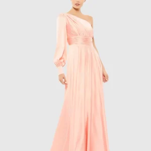 One Shoulder Bishop Sleeve Flowy Gown