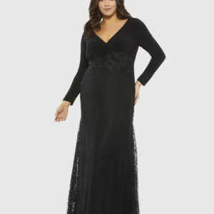 Black Wrap Over Long Sleeve Lace Applique Trumpet Gown (Plus)