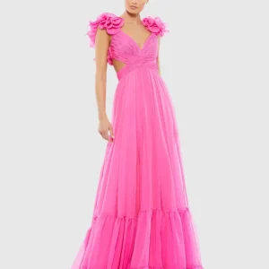 Dark Pink Ruffle Tiered Cut-Out Chiffon Gown - FINAL SALE