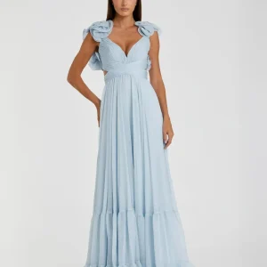 Light Blue Ruffle Tiered Cut-Out Chiffon Gown