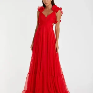 Red Ruffle Tiered Cut-Out Chiffon Gown - FINAL SALE
