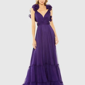 Purple Ruffle Tiered Cut-Out Chiffon Gown