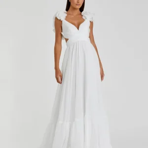 White Ruffle Tiered Cut-Out Chiffon Gown