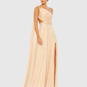Beige One Shoulder Open Back Flowy Gown