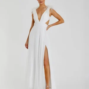 Plunge Ostrich Feather A Line Gown