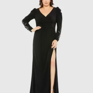 Black Embellished Long Sleeve Faux Wrap Gown (Plus)
