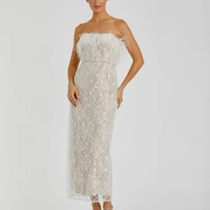White and Beige Embellished Feather Strapless Column Dress