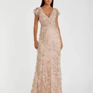 Pink Embroidered Applique Wrap Over Flutter Sleeve Gown