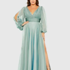 Blue Puff Sleeve w/ Embellished Cuff V Neck A Line Gown (Plus)