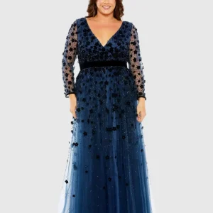Navy Velvet Floral Applique Long Sleeve A Line Gown (Plus)