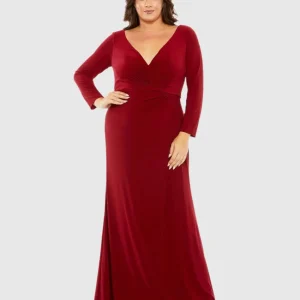 Red Long Sleeve V-Neck Faux Wrap Gown (Plus)