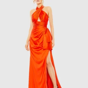 Orange Halter Neck Ruffle Side Slit Gown