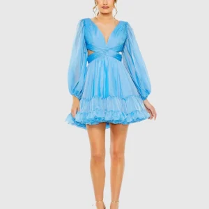 Blue Chiffon Cut Out Long Sleeve Mini Dress