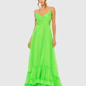 Green Ruched Tiered Spaghetti Strap Gown