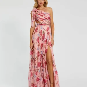 One Shoulder Floral Printed Chiffon Side Cut Out Gown