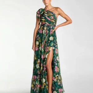 Green One Shoulder Floral Printed Chiffon Side Cut Out Gown