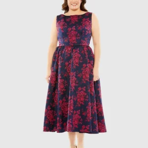 Navy Sleeveless Floral Embroidered Dress (Plus)