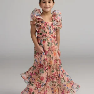 Girls Pink Floral Chiffon Ruffle Shoulder Dress