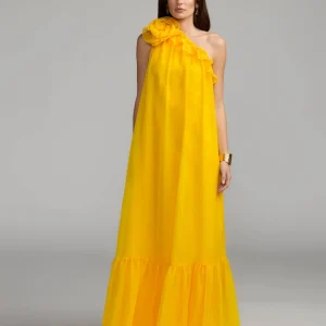 Yellow One Shoulder Chiffon Gown With 3D Rosette