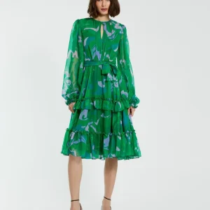 Green Printed Chiffon Bishop Sleeve Tie Waisted Ruffle Midi Dress